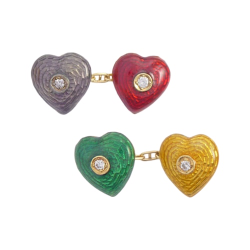 Pair of vintage coloured enamel and diamond bombe heart cufflinks, in guilloche red, grey, green and yellow enamel,